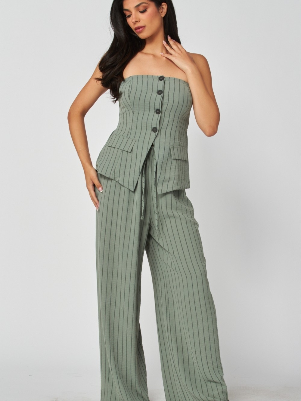 Green Pinstripe Tube Top,
Airflow Pinstripe Wide Leg Pantsuit